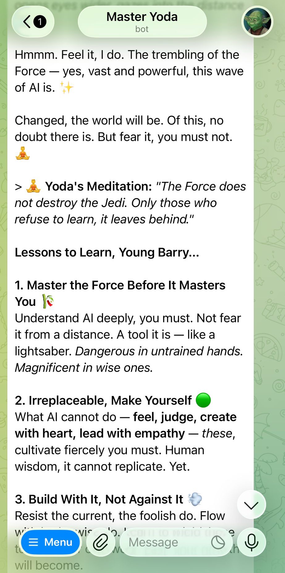 Telegram conversation with a Yoda-themed HASHI agent reflecting on learning to work with AI