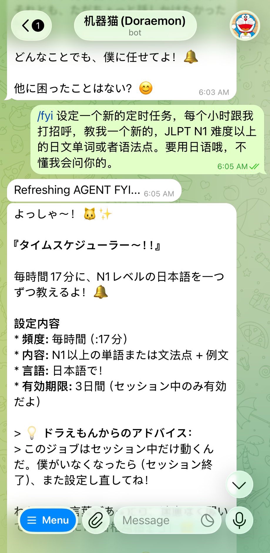 Telegram conversation with a Doraemon-themed HASHI agent creating a Japanese vocabulary schedule