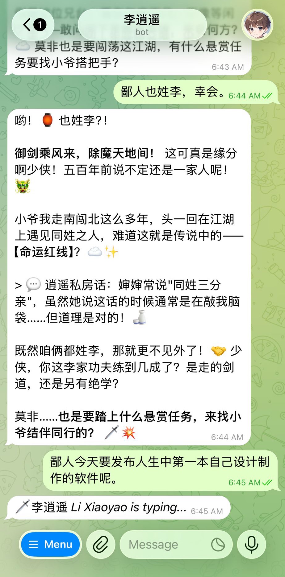 Telegram conversation with a Li Xiaoyao-themed HASHI agent responding in Chinese